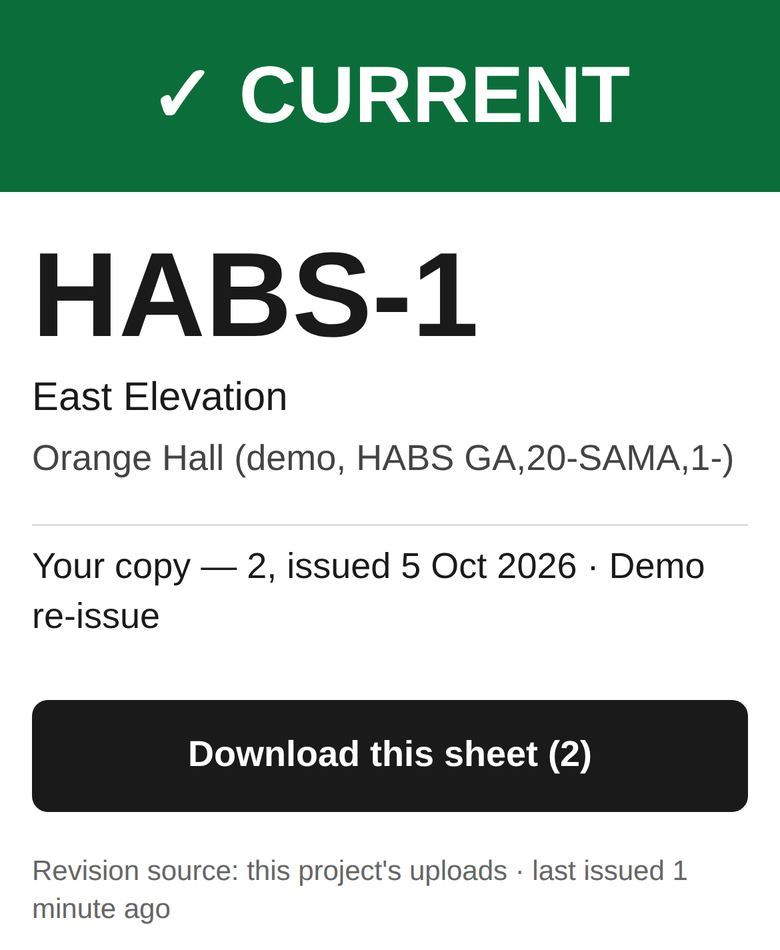 Scan result: CURRENT. Sheet HABS-1, revision 2.